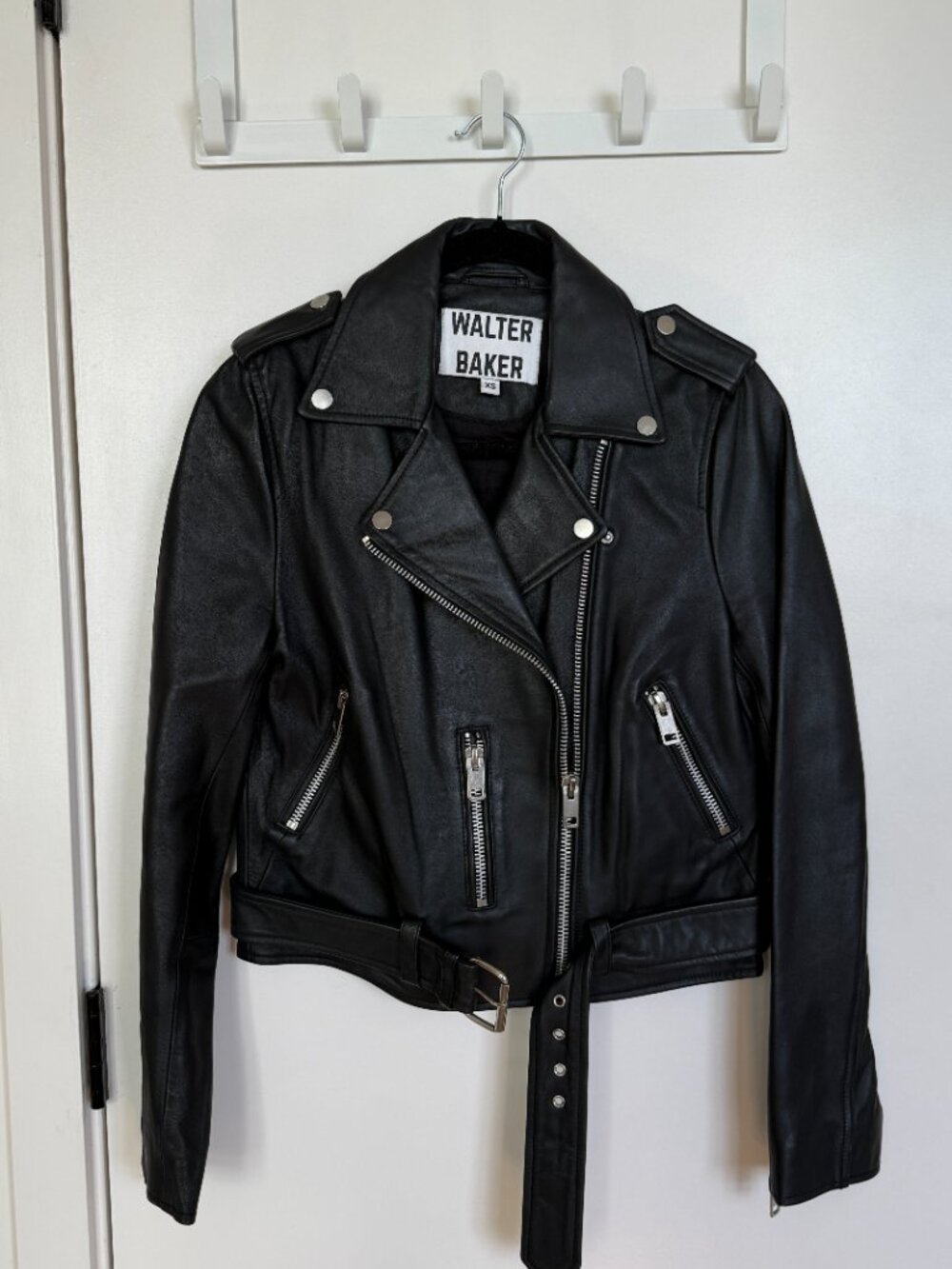 Walter Baker Kelsey Black Lamb Leather Moto Jacket Belted Size XS